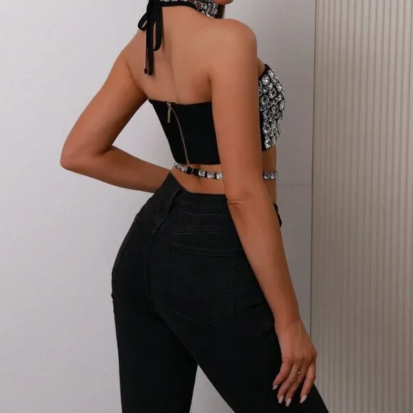 Black Party Women's Rhinestone Halter Neck Sexy & Versatile Camisole Top - Picture 3 of 9